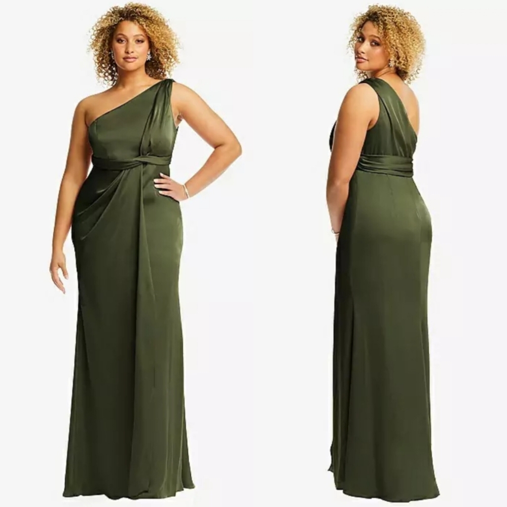 Dessy Collection One-Shoulder Draped Twist Empire Waist Trumpet Olive Gown Party